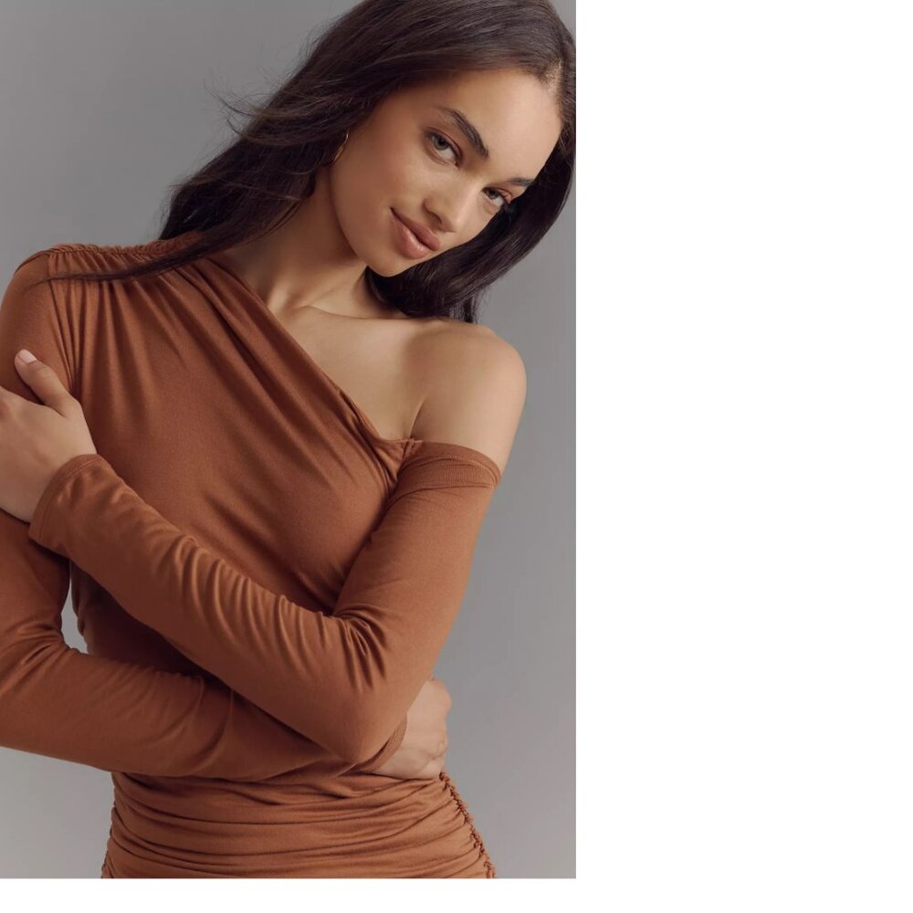 By Anthropologie Long-Sleeve Off-The-Shoulder Asymmetric Slim Midi Dress - Picture 3 of 5